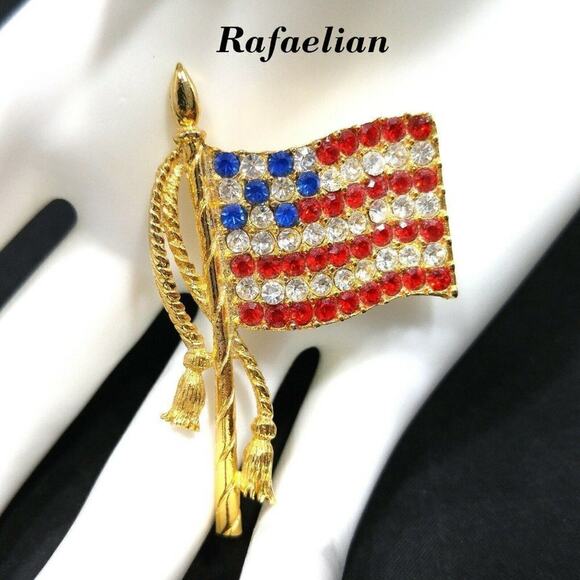 Vtg Rafaelian American Flag Brooch Rhinestone Pave Waving Gold Tone Tassels, 2" - Picture 1 of 8